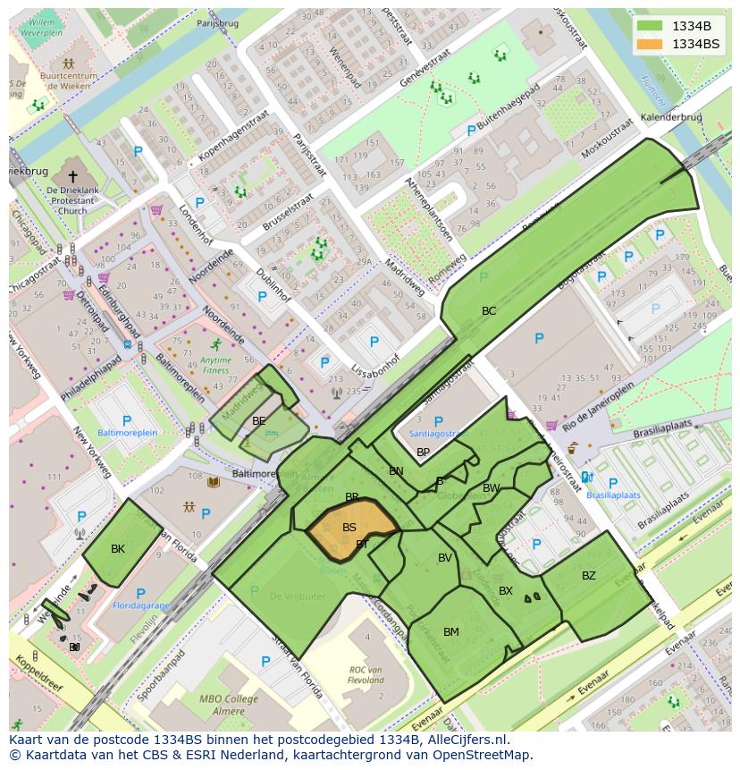 Afbeelding van het postcodegebied 1334 BS op de kaart.