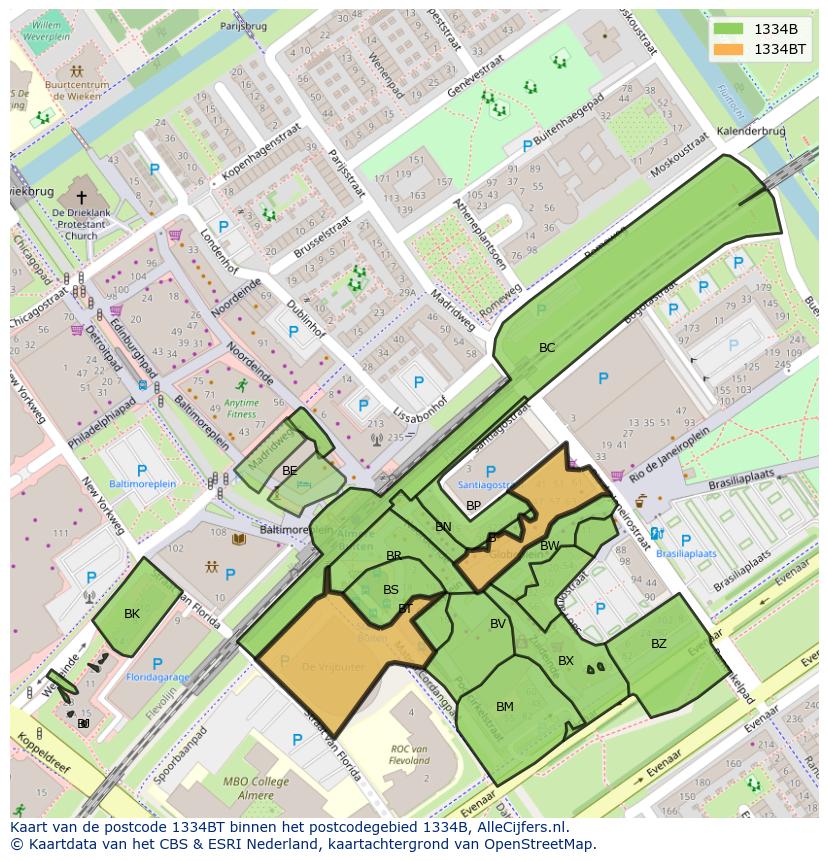 Afbeelding van het postcodegebied 1334 BT op de kaart.