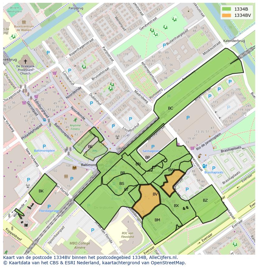 Afbeelding van het postcodegebied 1334 BV op de kaart.
