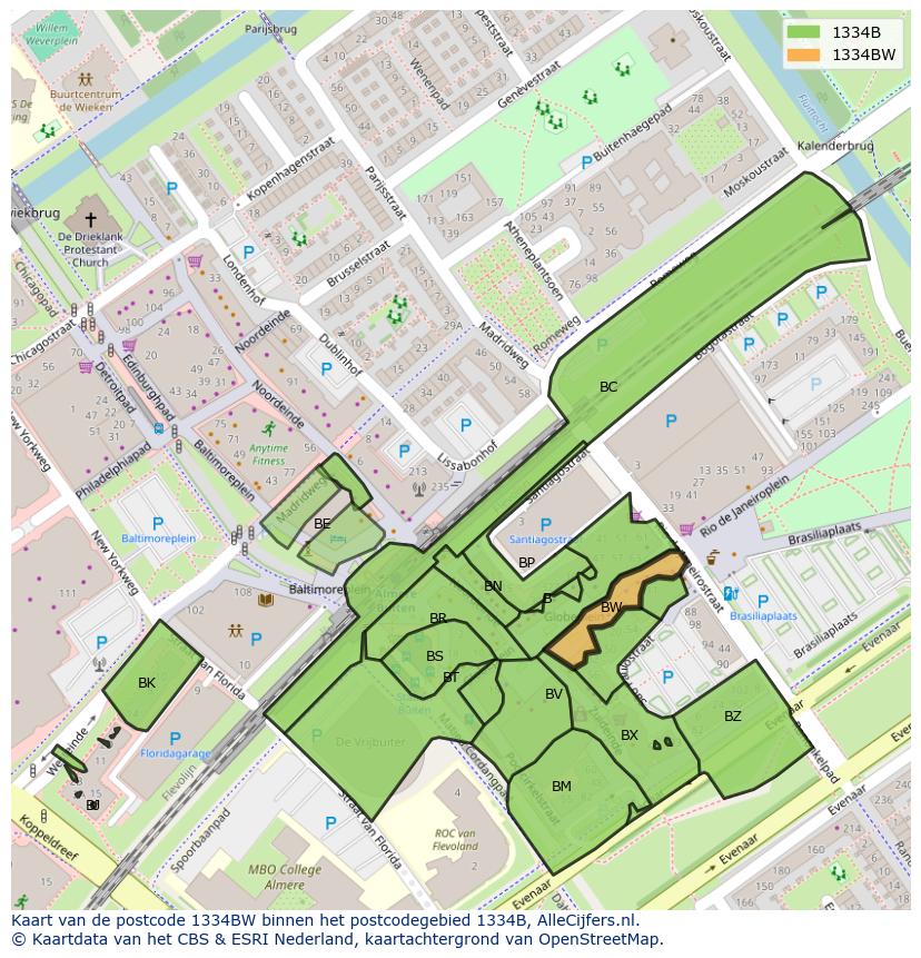Afbeelding van het postcodegebied 1334 BW op de kaart.