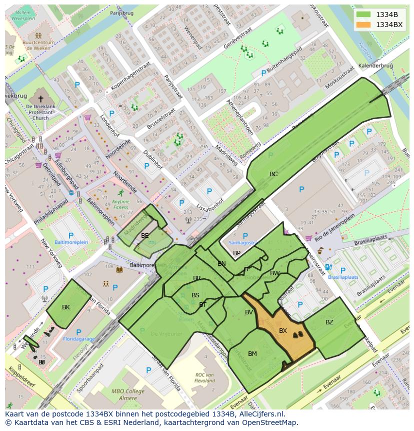 Afbeelding van het postcodegebied 1334 BX op de kaart.