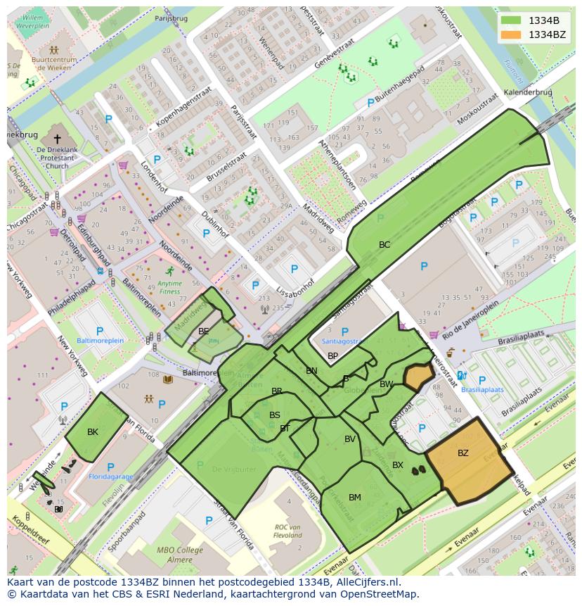 Afbeelding van het postcodegebied 1334 BZ op de kaart.