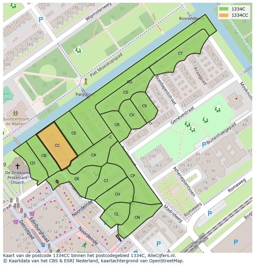 Afbeelding van het postcodegebied 1334 CC op de kaart.
