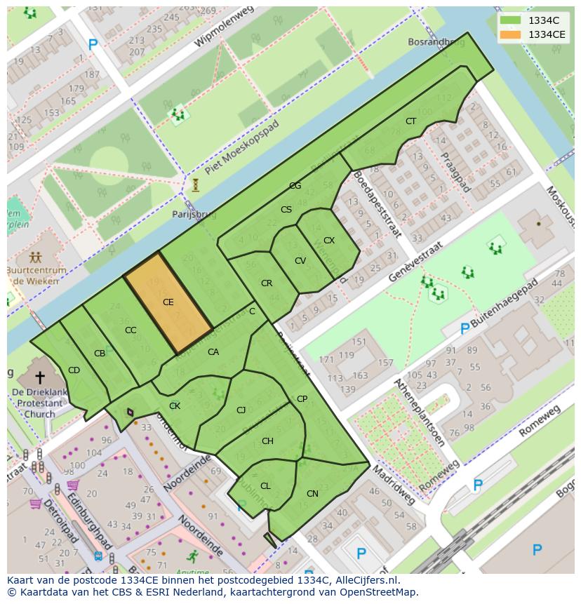 Afbeelding van het postcodegebied 1334 CE op de kaart.
