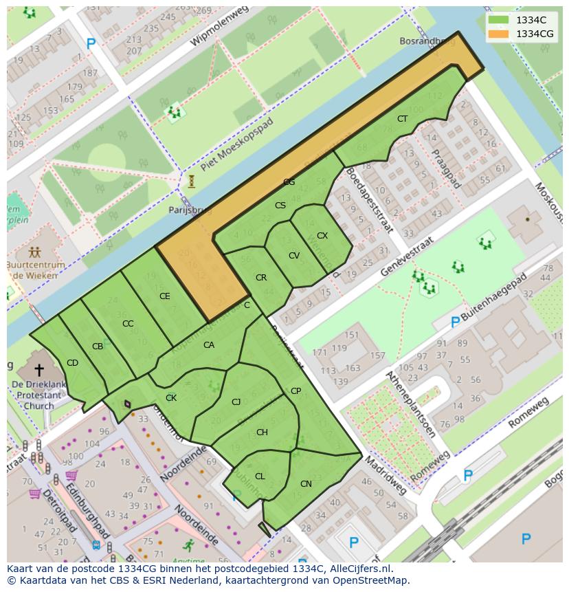 Afbeelding van het postcodegebied 1334 CG op de kaart.