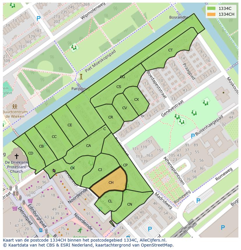 Afbeelding van het postcodegebied 1334 CH op de kaart.