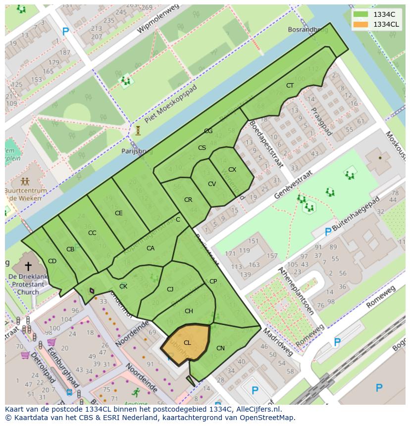 Afbeelding van het postcodegebied 1334 CL op de kaart.