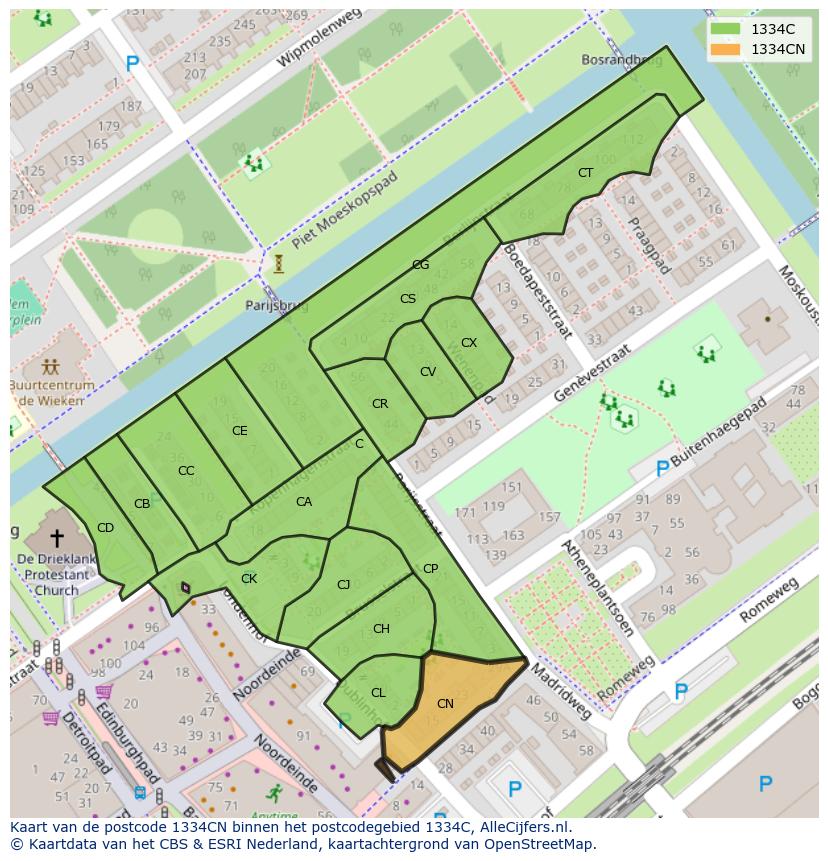 Afbeelding van het postcodegebied 1334 CN op de kaart.
