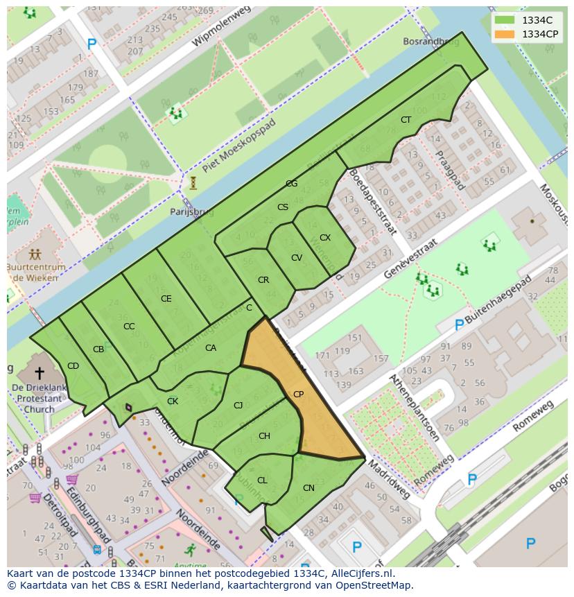 Afbeelding van het postcodegebied 1334 CP op de kaart.