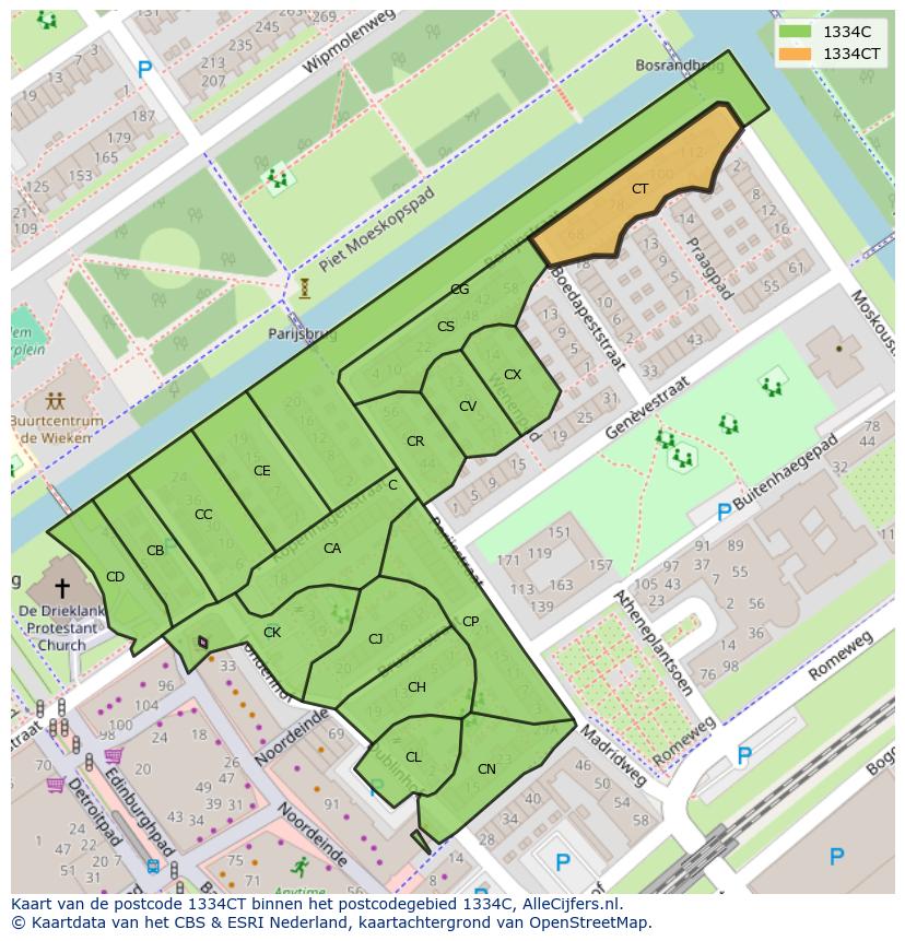 Afbeelding van het postcodegebied 1334 CT op de kaart.
