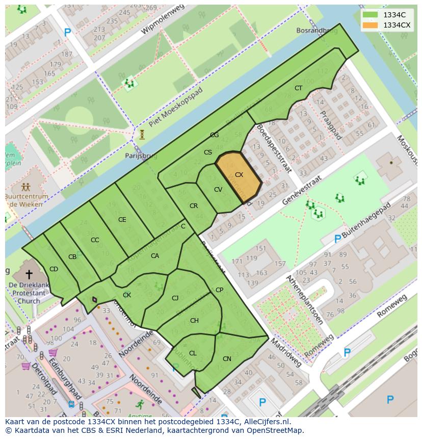 Afbeelding van het postcodegebied 1334 CX op de kaart.