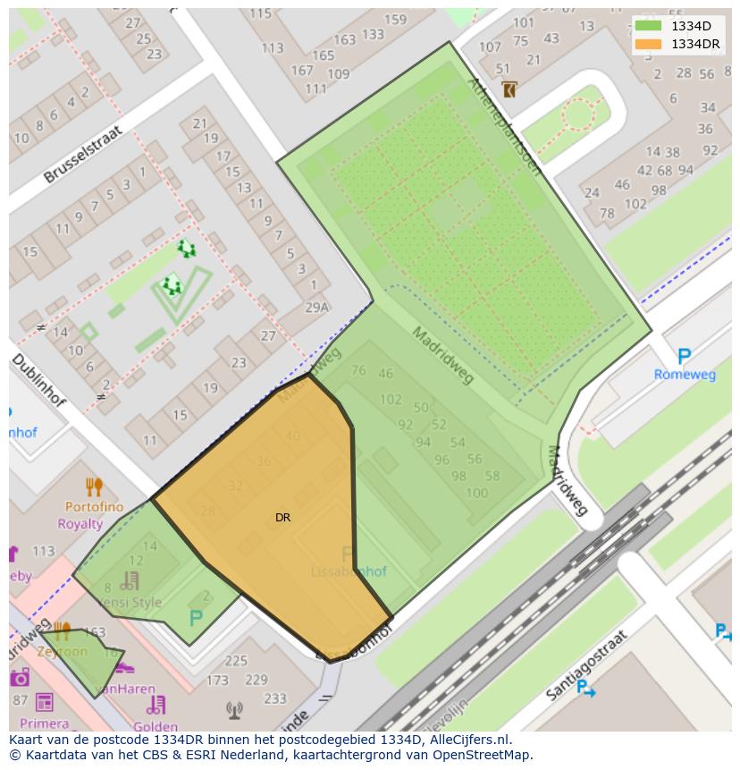 Afbeelding van het postcodegebied 1334 DR op de kaart.