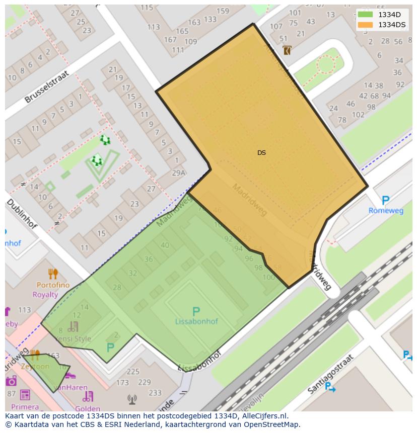 Afbeelding van het postcodegebied 1334 DS op de kaart.