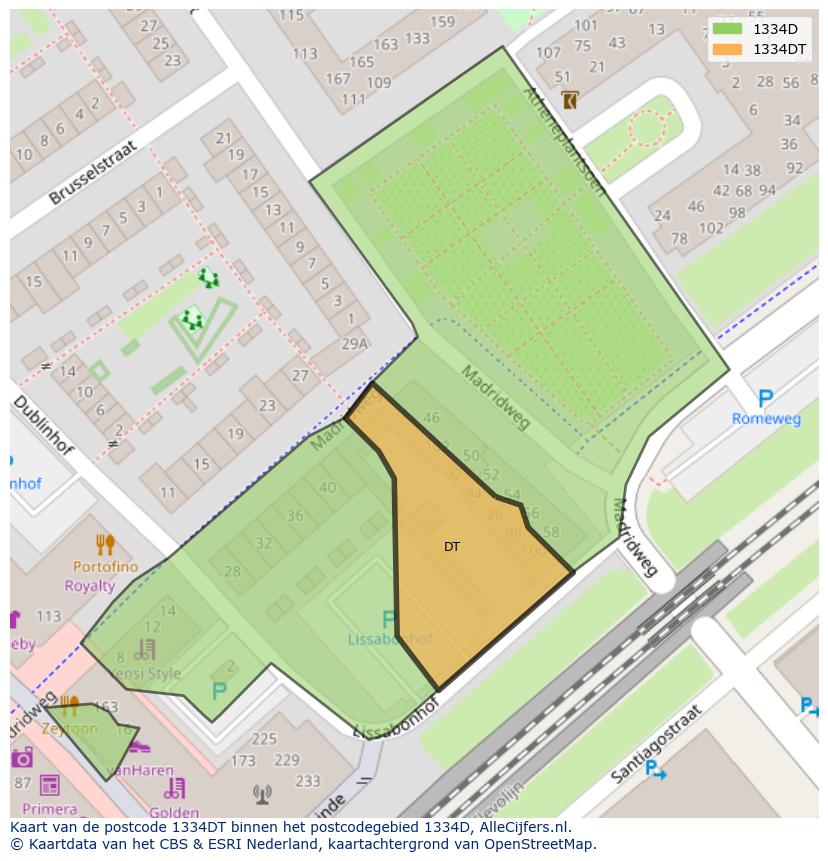 Afbeelding van het postcodegebied 1334 DT op de kaart.