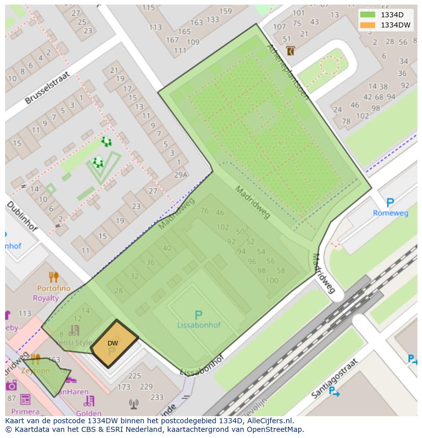 Afbeelding van het postcodegebied 1334 DW op de kaart.