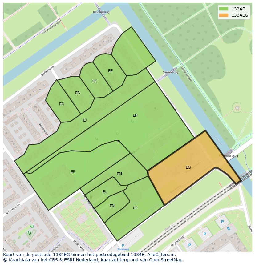 Afbeelding van het postcodegebied 1334 EG op de kaart.