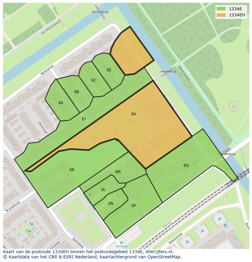 Afbeelding van het postcodegebied 1334 EH op de kaart.