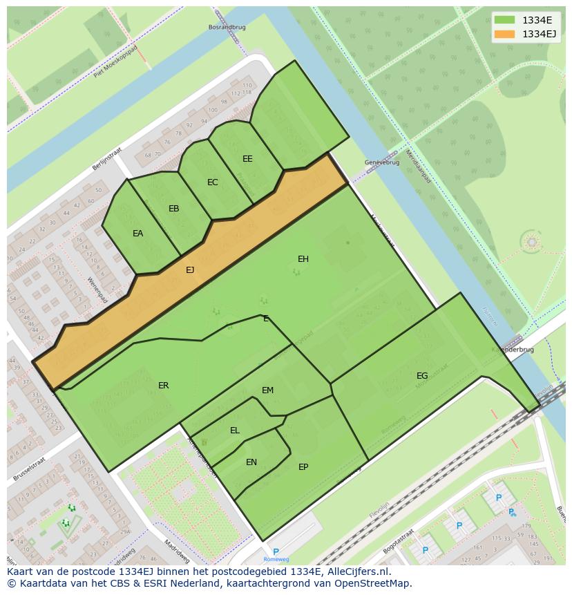 Afbeelding van het postcodegebied 1334 EJ op de kaart.