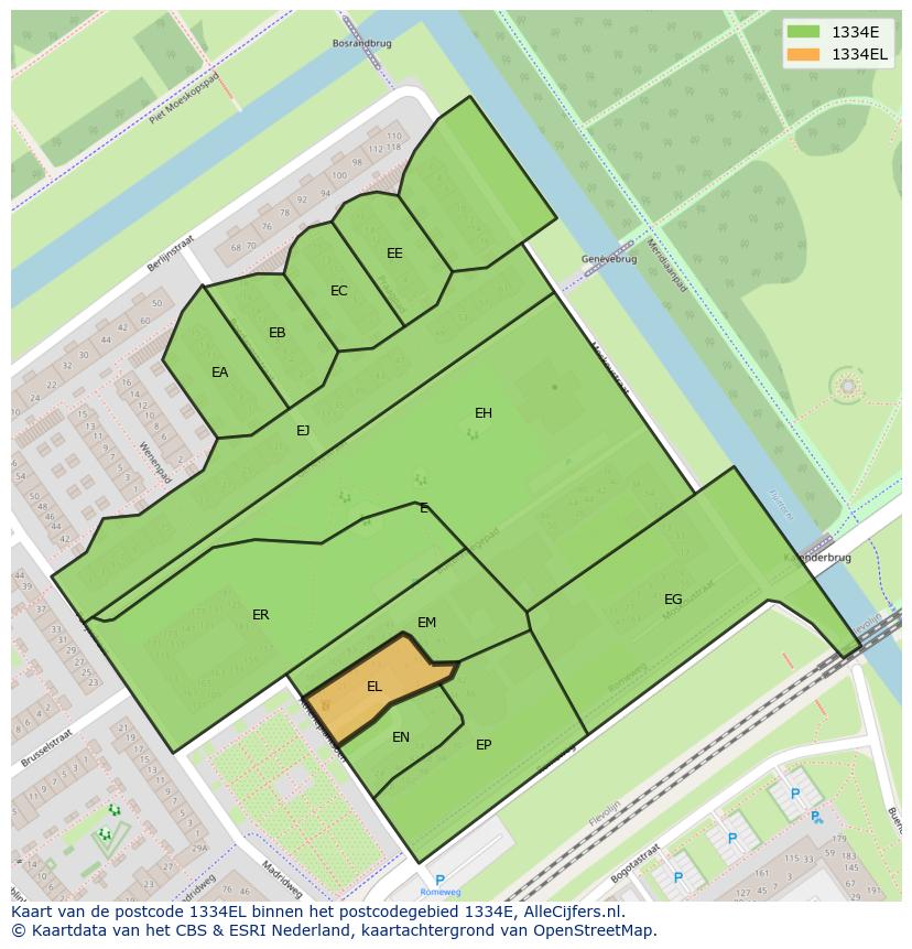 Afbeelding van het postcodegebied 1334 EL op de kaart.
