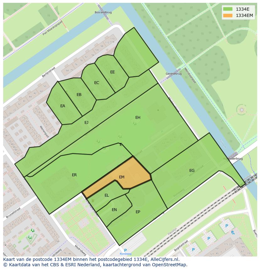 Afbeelding van het postcodegebied 1334 EM op de kaart.