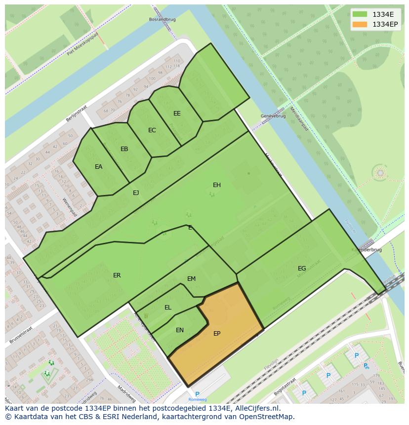 Afbeelding van het postcodegebied 1334 EP op de kaart.