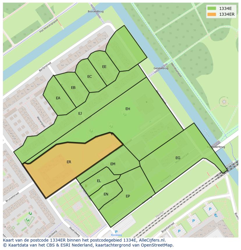 Afbeelding van het postcodegebied 1334 ER op de kaart.