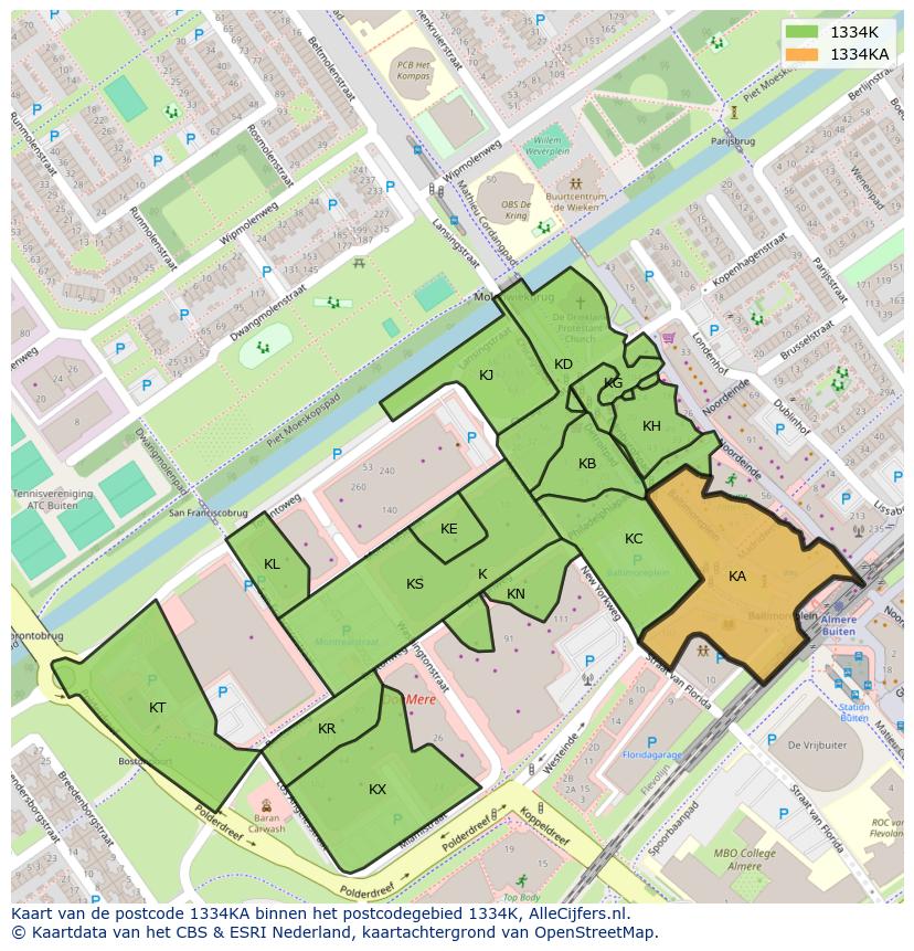Afbeelding van het postcodegebied 1334 KA op de kaart.