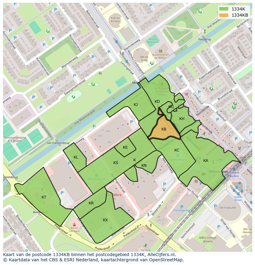 Afbeelding van het postcodegebied 1334 KB op de kaart.