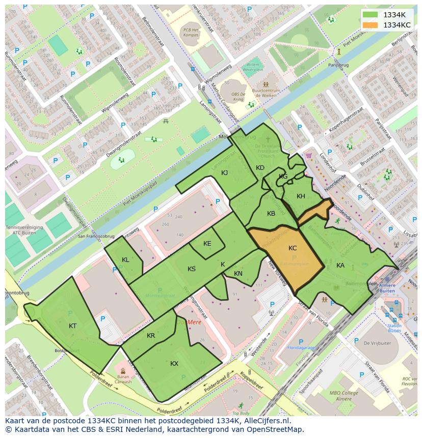 Afbeelding van het postcodegebied 1334 KC op de kaart.
