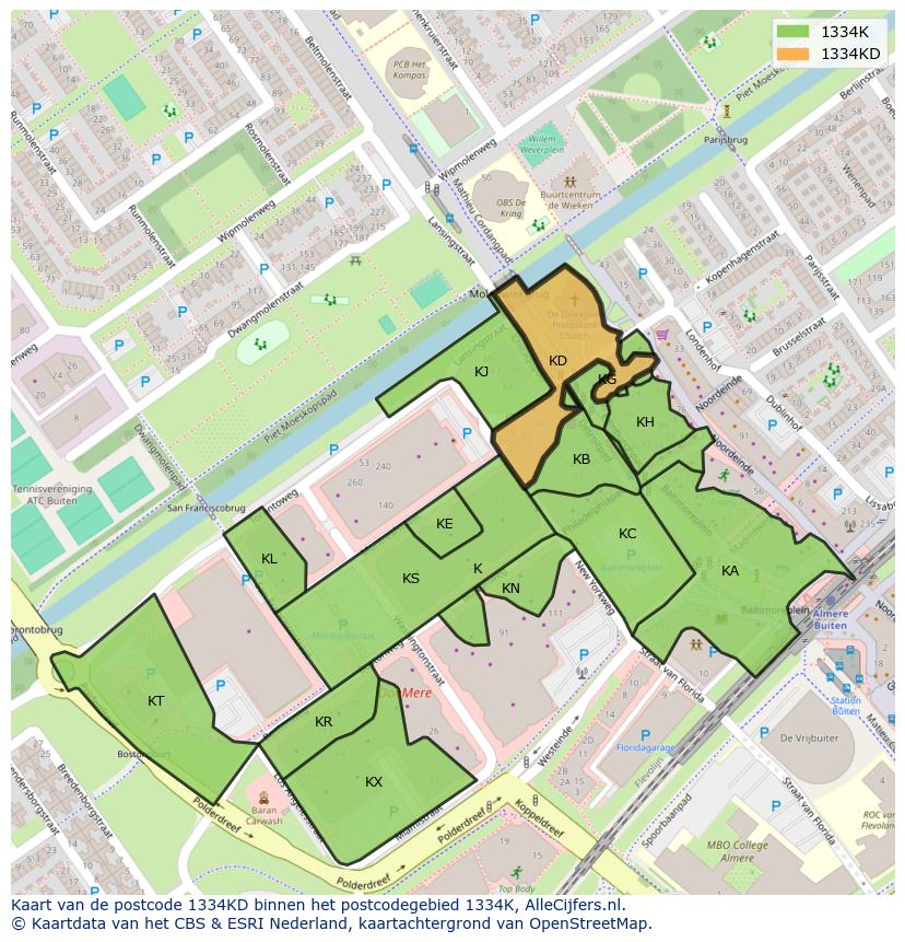 Afbeelding van het postcodegebied 1334 KD op de kaart.