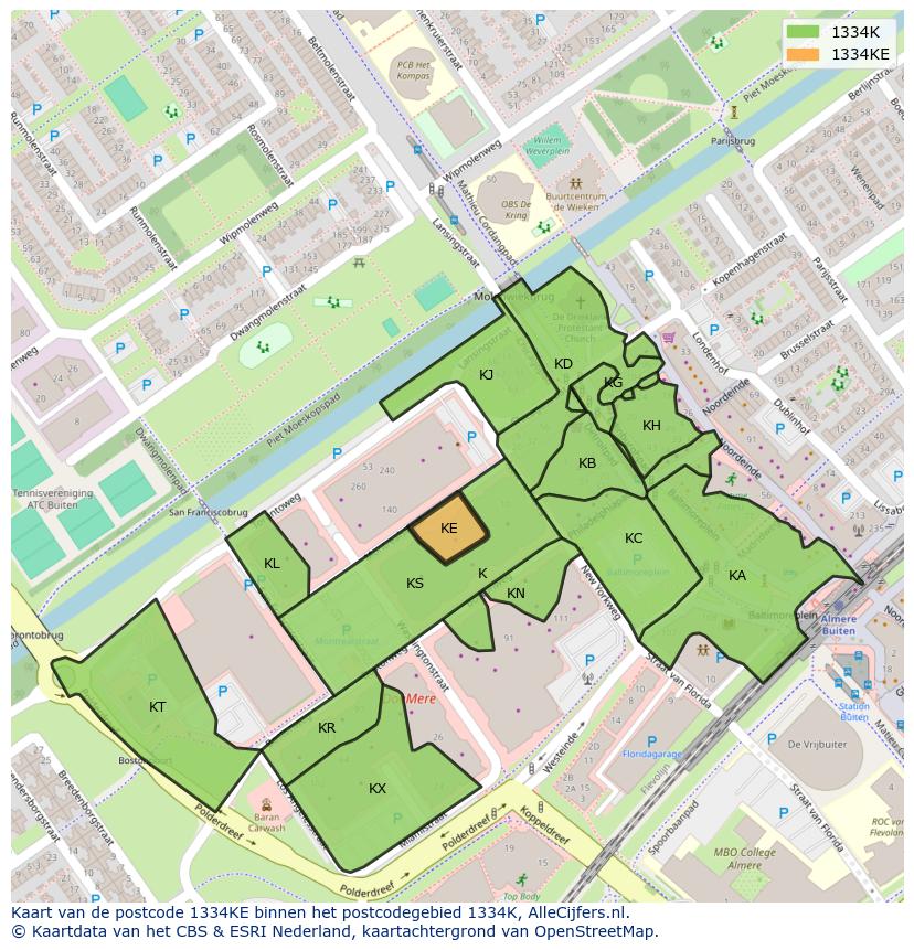 Afbeelding van het postcodegebied 1334 KE op de kaart.