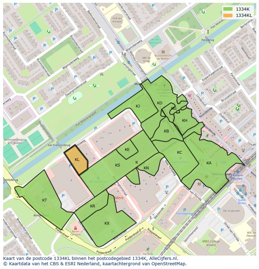 Afbeelding van het postcodegebied 1334 KL op de kaart.