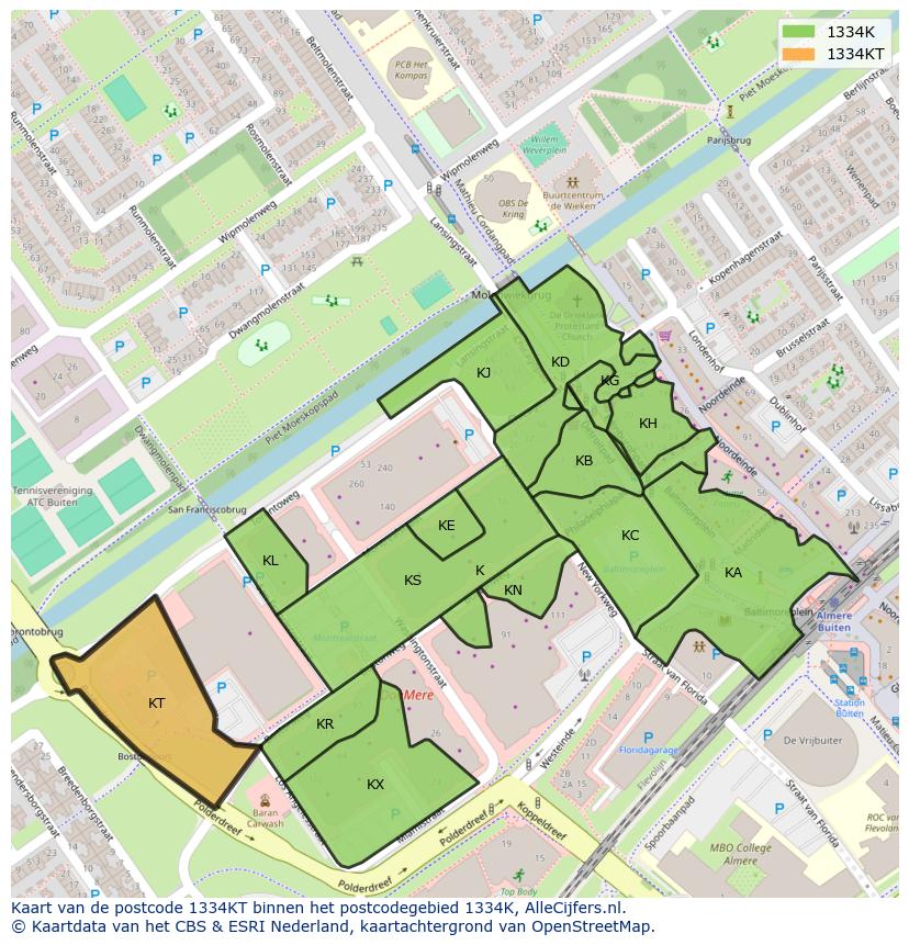 Afbeelding van het postcodegebied 1334 KT op de kaart.