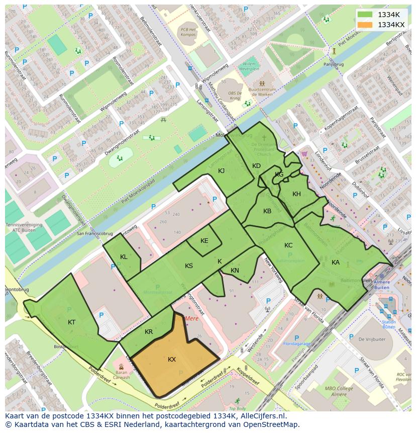 Afbeelding van het postcodegebied 1334 KX op de kaart.
