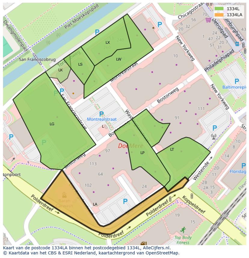 Afbeelding van het postcodegebied 1334 LA op de kaart.