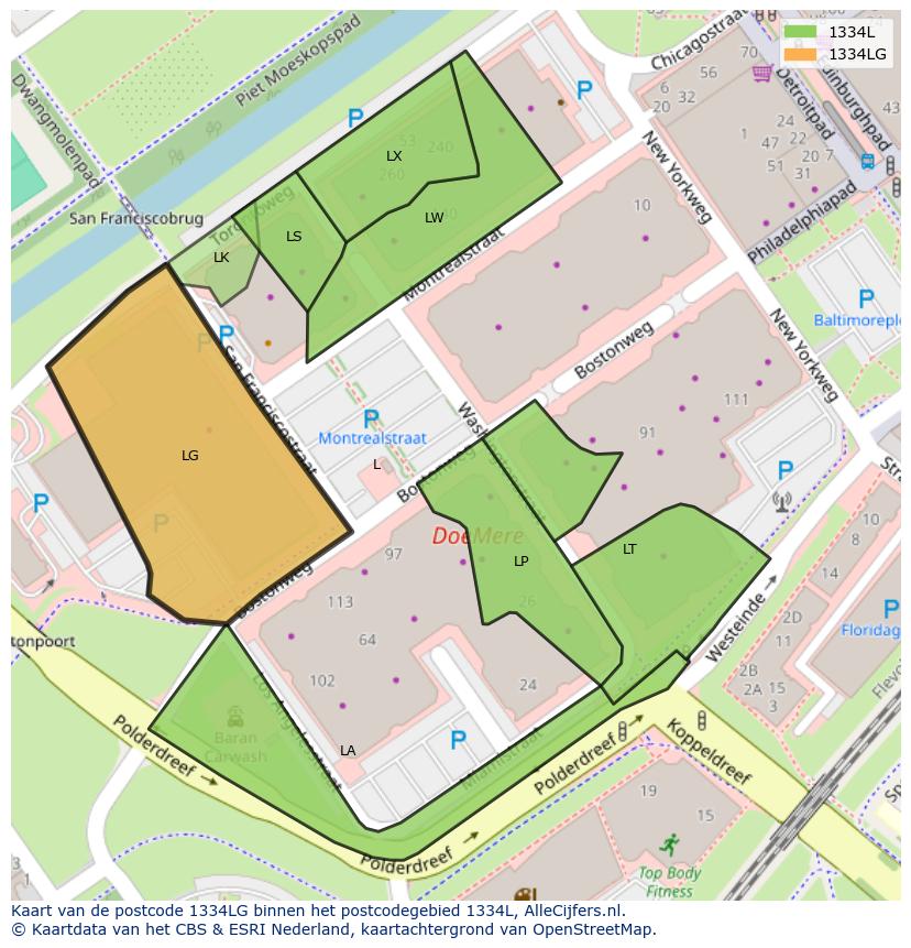 Afbeelding van het postcodegebied 1334 LG op de kaart.