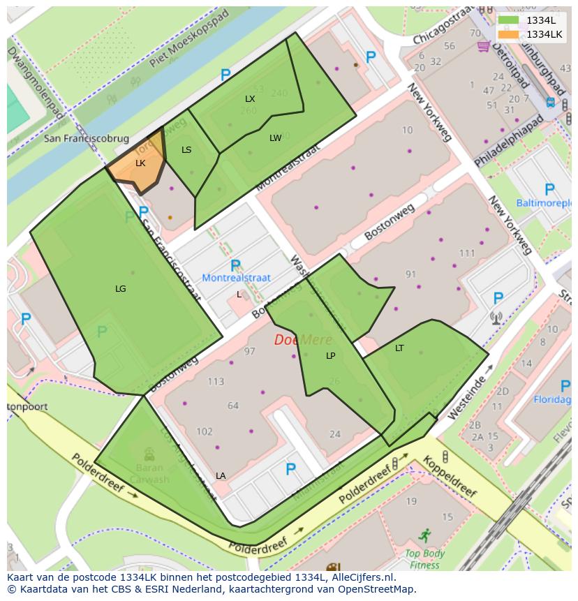 Afbeelding van het postcodegebied 1334 LK op de kaart.