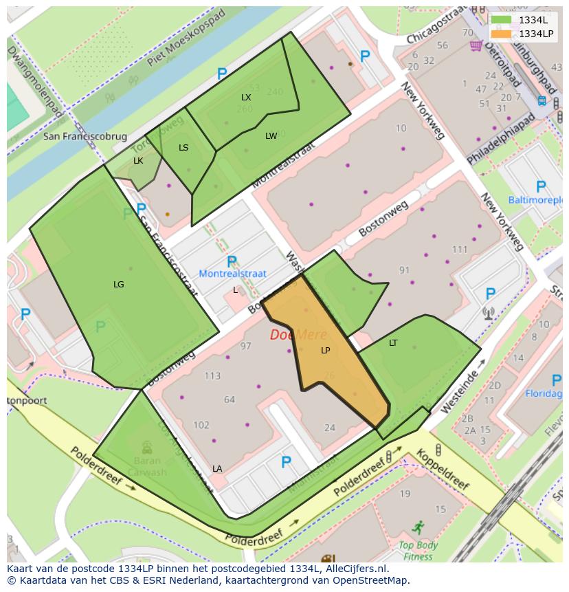 Afbeelding van het postcodegebied 1334 LP op de kaart.
