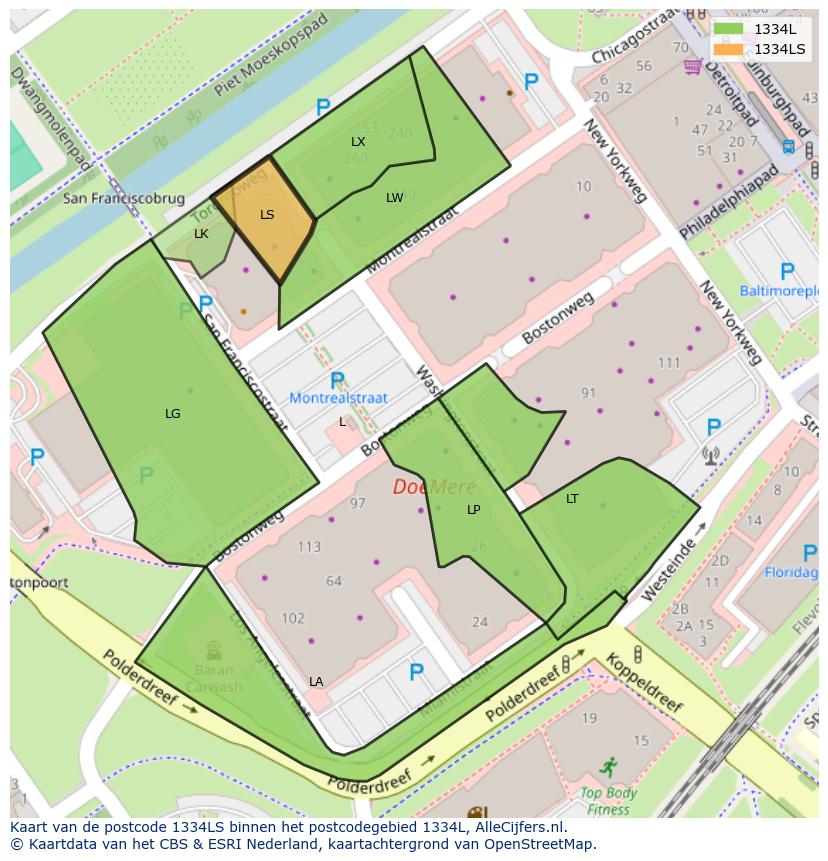 Afbeelding van het postcodegebied 1334 LS op de kaart.