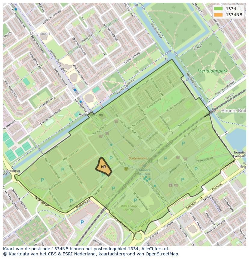 Afbeelding van het postcodegebied 1334 NB op de kaart.