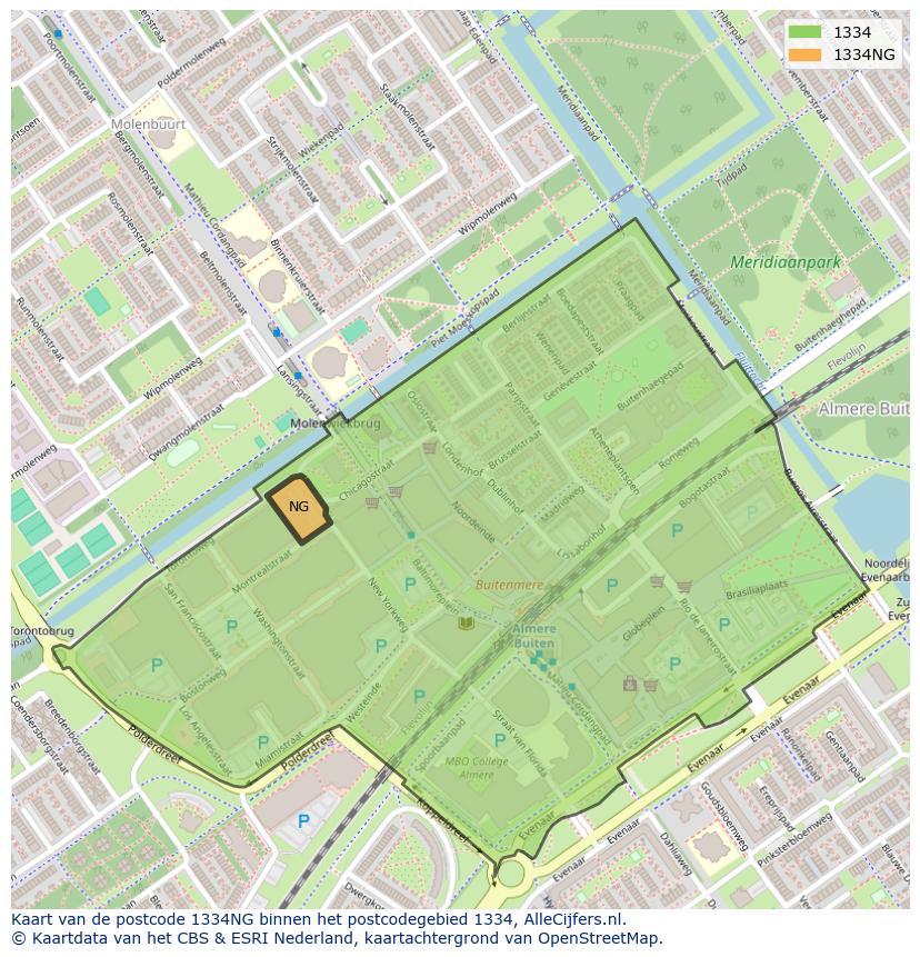 Afbeelding van het postcodegebied 1334 NG op de kaart.
