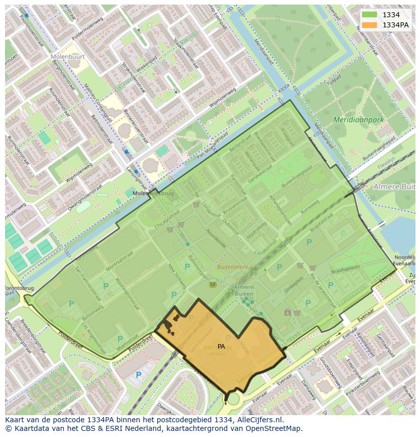 Afbeelding van het postcodegebied 1334 PA op de kaart.