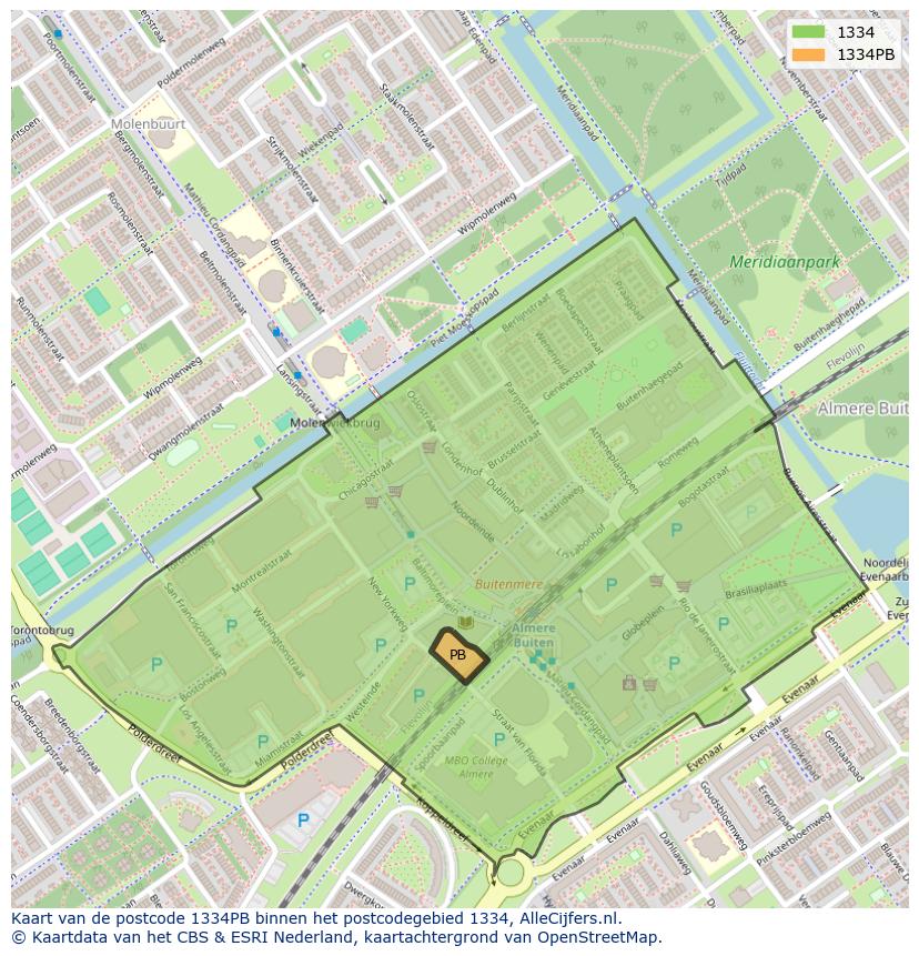 Afbeelding van het postcodegebied 1334 PB op de kaart.