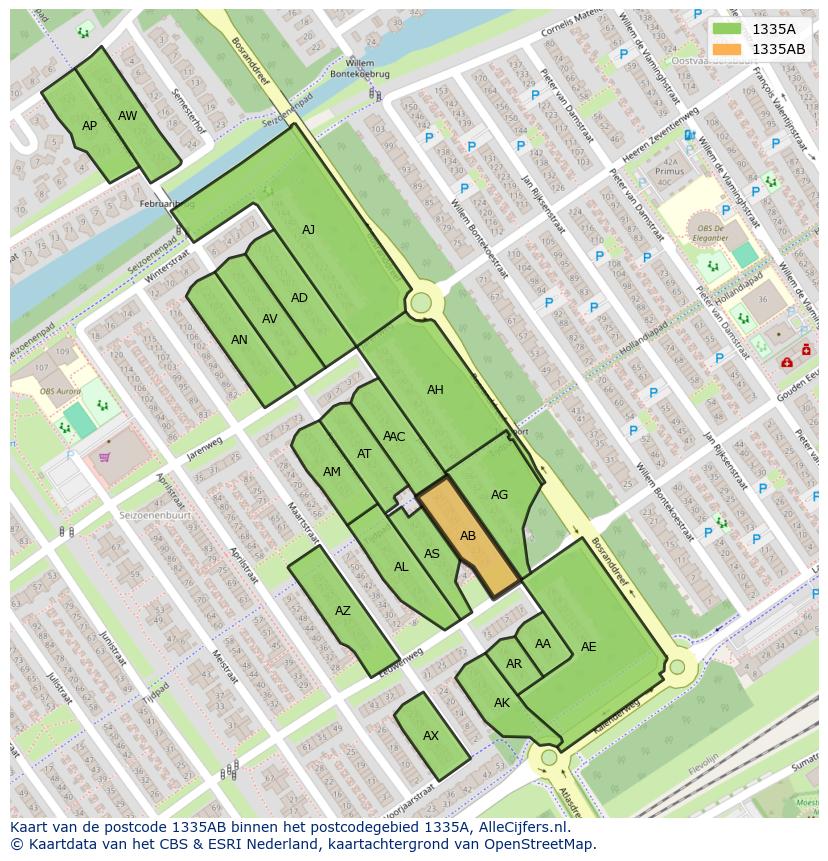 Afbeelding van het postcodegebied 1335 AB op de kaart.