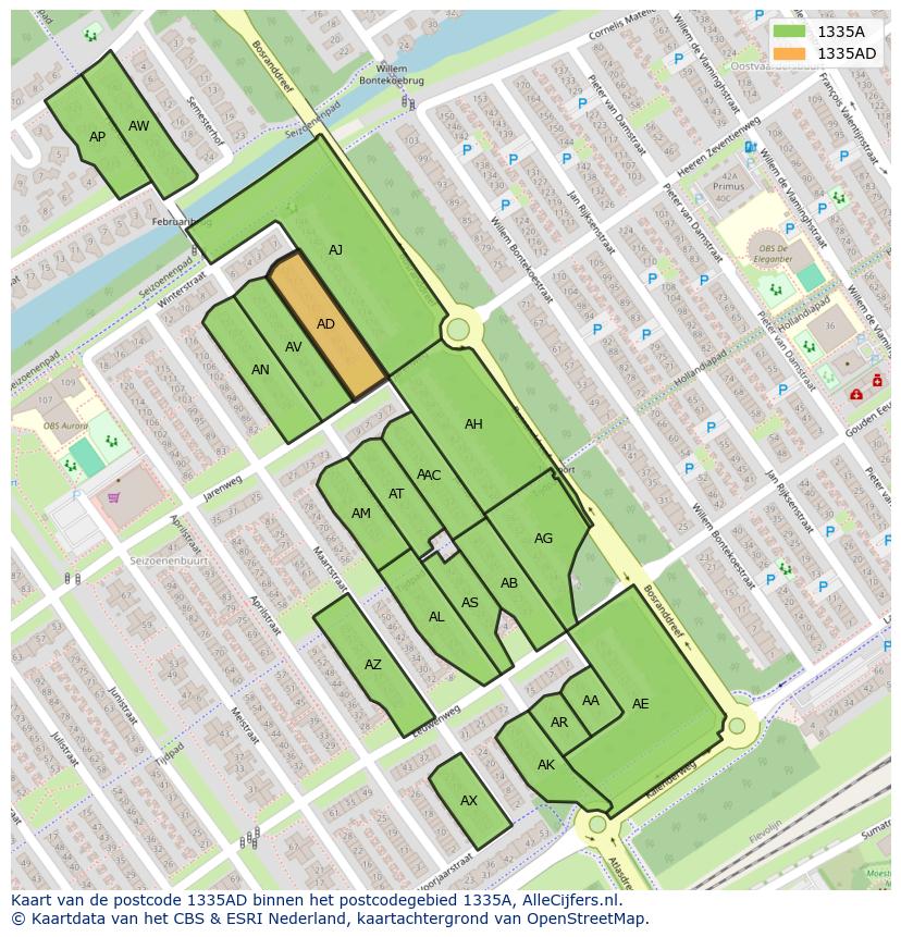 Afbeelding van het postcodegebied 1335 AD op de kaart.