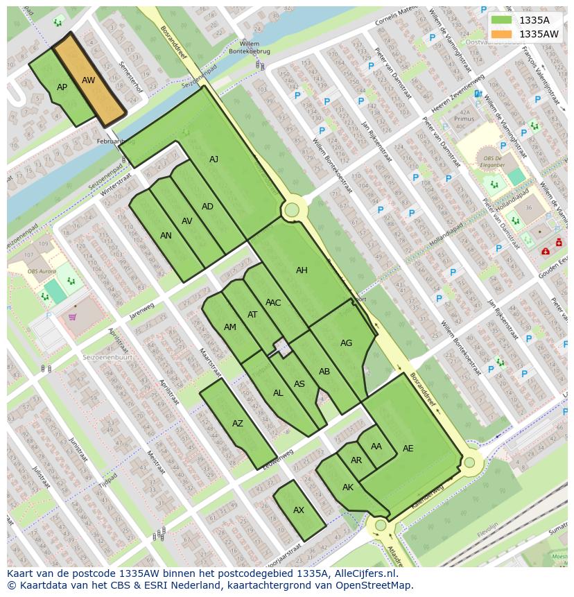 Afbeelding van het postcodegebied 1335 AW op de kaart.