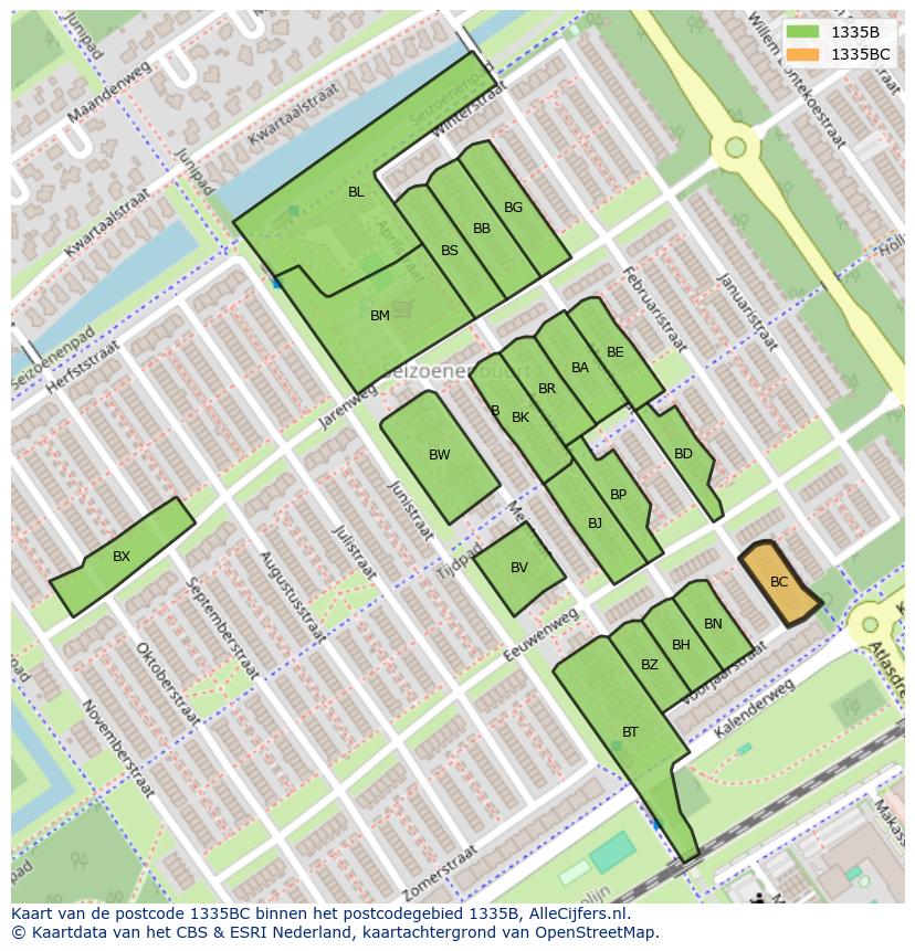 Afbeelding van het postcodegebied 1335 BC op de kaart.