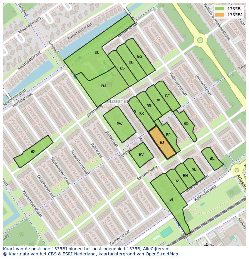 Afbeelding van het postcodegebied 1335 BJ op de kaart.