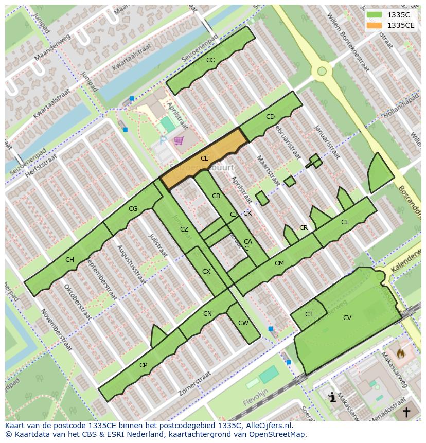 Afbeelding van het postcodegebied 1335 CE op de kaart.