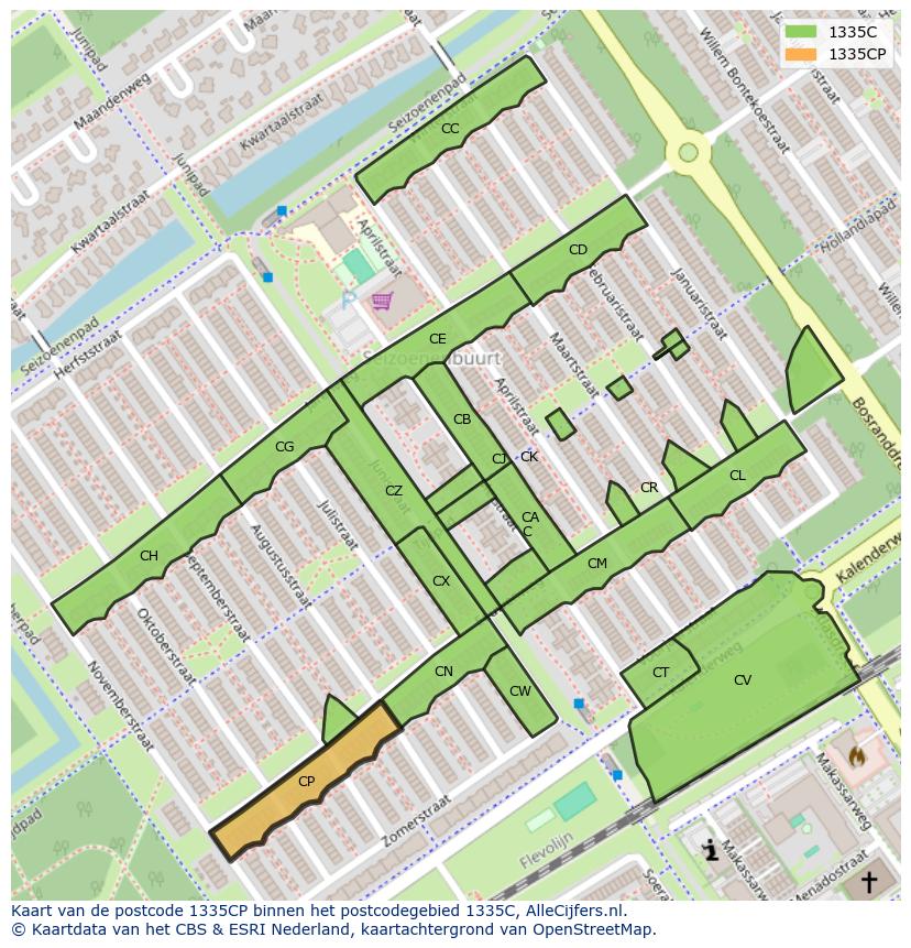 Afbeelding van het postcodegebied 1335 CP op de kaart.